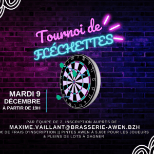 Affiche tournoi de fléchettes le 9 décembre 2025 à l'Awen Brew Pub