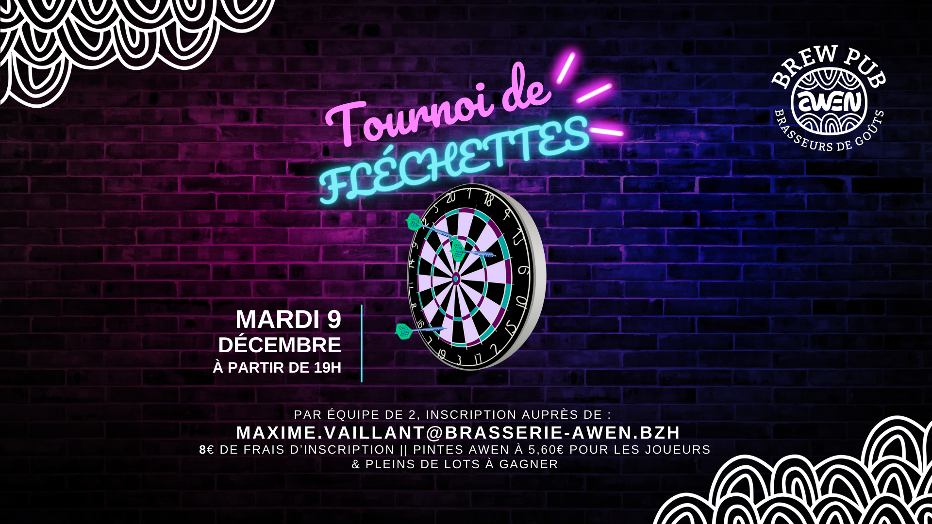 Affiche tournoi de fléchettes le 9 décembre 2025 à l'Awen Brew Pub
