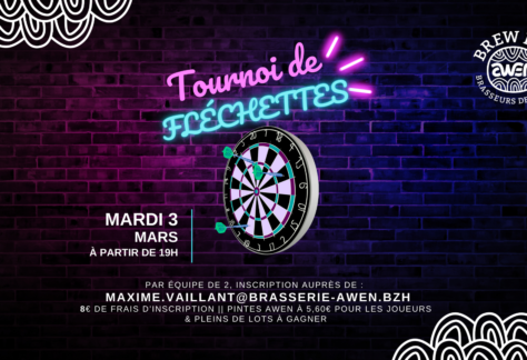 Affiche tournoi de fléchettes le 3 mars 2026 à l'Awen Brew Pub