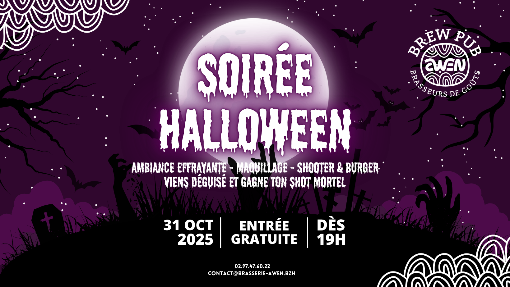 Affiche pour la soirée d'Halloween le 31 octobre 2025 de l'Awen Brew Pub