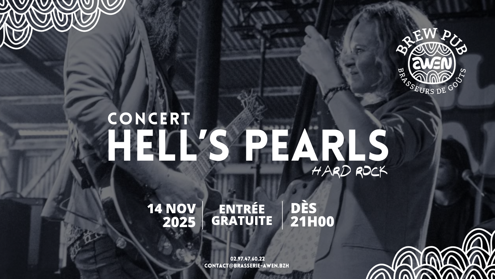 Affiche soirée concert hard rock Hell's Pearls à l'Awen Brew Pub